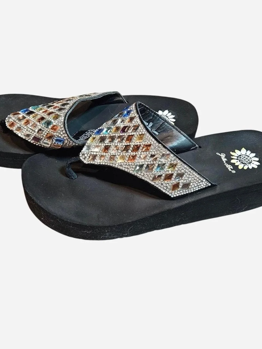Y2K Style Platform Yellow Box Black Multistone Jeweled Thong Sandals Size 9 - Picture 4 of 8